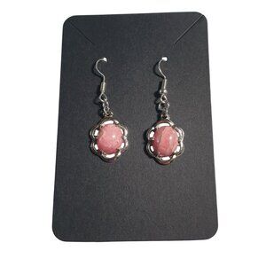 Pink Gemstone Drop Earrings Silver Tone Hook Pierced Dangle Floral Design Handcr